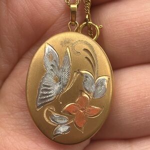 Vintage 14K Gold Filled Butterfly Locket Necklace | Tri-Color Engraved